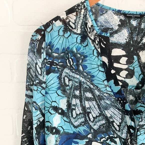 Marciano Blouse Silk Fairy Butterfly print Abstract Sheer Blue Black XS - Picture 8 of 13
